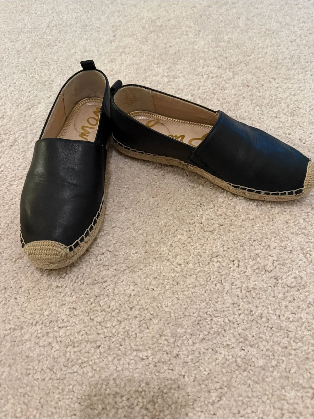 Sam Edelman Black Leather Espadrille Slip-Ons with Natural Jute Trim